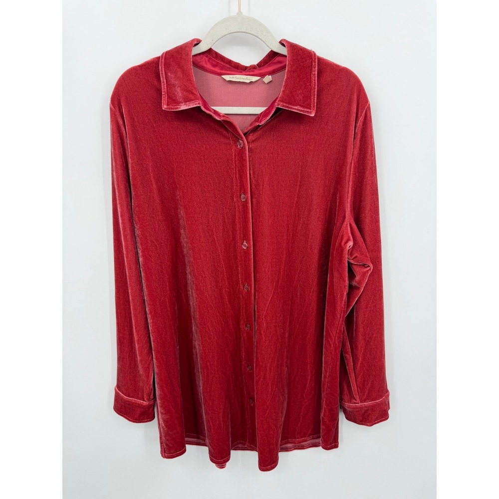 Soft Surroundings Velvet Button Down Shirt Women XL Red Long Sleeve Stretch Luxe